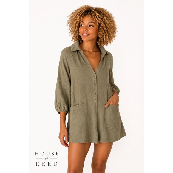 Lush Pants - Lush Sage Olive Cotton Gauze Romper Button Front Pocket LP21988-FCL Mens Medium